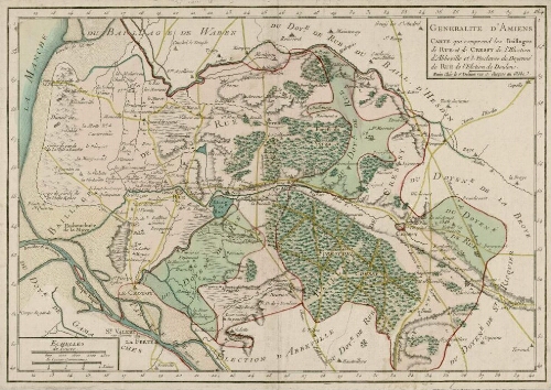 Généralité d'Amiens : carte qui comprend les baillages de Rue et de Cressy de l’Élection d'Abbeville et 3 enclaves du doyenné de Rue de l’Élection de Doulens.