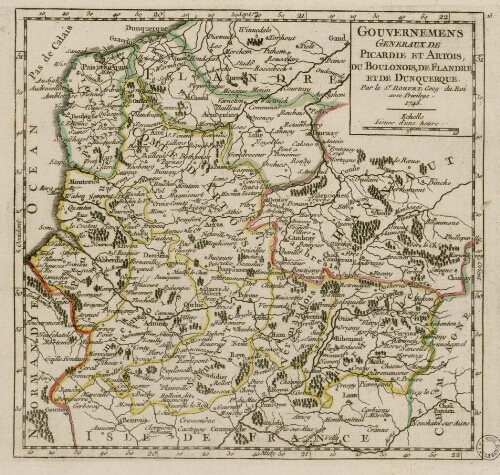 Gouvernements généraux de Picardie et Artois, du Boulonois, de Flandre et de Dunquerque, par le Sr Robert, géog. du Roi, avec privilège, 1748.