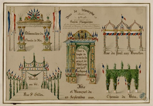 Fêtes et banquets du 23 septembre 1849 : arcs de triomphe élevés à Abbeville en l'honneur du général Changarnier et des gardes nationales de Boulogne, d'Amiens, de Péronne, de Montdidier, de Doullens et des communes de l'arrondissement d'Abbeville. - Dessin aquarellé d’Oswald Macqueron.