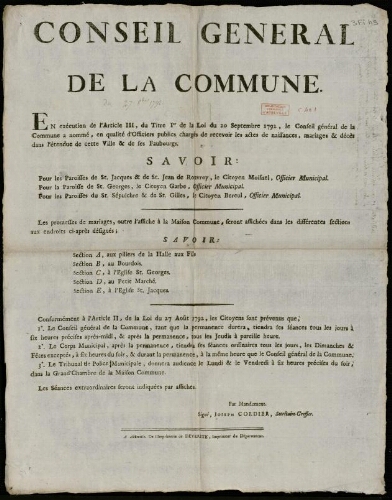 Affiche révolutionnaire. Conseil Général de la Commune d’Abbeville (du 27 octobre 1792). Nomination des Officiers publics chargés de recevoir les actes de naissance, mariage et décès.