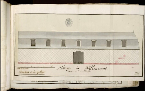 Abbaye de Willencourt Willancourt, ChausséEMarcadé à Abbeville. Élévation de la galerie. Vue de la porte donnant accès à la basse-cour. 1775. échelle de 160 mm pour 6 toises