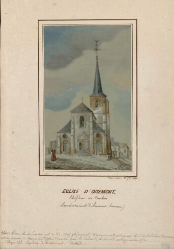 Église d'Oisemont, chef-lieu de canton (Arrondissement d'Amiens-Somme). - Aquarelle d'Oswald Macqueron, d'après nature, 24 sept. 1860.