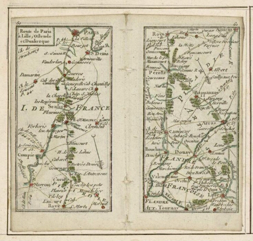 L'Indicateur Fidèle du Voyageur François qui donne toutes les routes des Provinces de Picardie, par M. Michel : Route de Paris à Lille, Ostende et Dunkerque