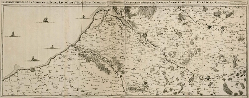 Les Embouchures de la Somme et de Bresle, riv. où est St Valery, Eu et Dieppe. Les environs d'Abbeville, Dourlens, Amiens, Corbie et du cours de la Somme. Echelle de deux lieues de Brabant. - A Bruxelles, chez Eugène Henry Friex, rue de la Madeleine, avec Privilège du Roy, 1710.