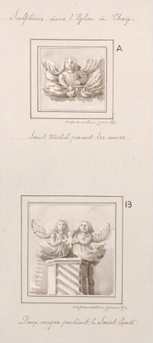 Sculptures dans l'église de Thoix. A) Saint Michel pesant les âmes. - Aquarelle d’Oswald Macqueron, d'après nature, 7 juin 1877. B) Deux anges portant le Saint-Esprit. - Aquarelle d’Oswald Macqueron, d'après nature, 7 juin 1877.