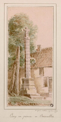 Croix en pierre à Courcelles. - Aquarelle d’Oswald Macqueron, d'après nature, 4 juin 1877.