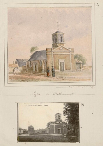 A) Église de Millencourt. - Aquarelle d'Oswald Macqueron, d'après nature, 30 avril 1877. B) Millencourt (Somme) : l'église. - Carte postale n°160.