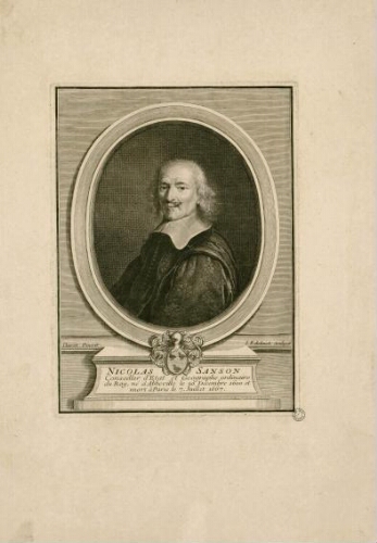 Nicolas Sanson : Conseiller d'Etat et géographe ordinaire du Roy, né à Abbeville le 20 décembre 1600 et mort à Paris le 7 juillet 1667. - Daret, pinxit. J. Edelinck, sculpsit