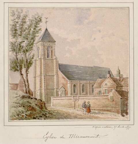 Église de Miraumont. - Aquarelle d'Oswald Macqueron, d'après nature, 27 avril 1877.