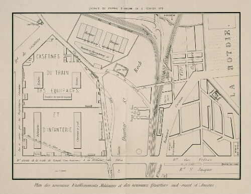 Plan des nouveaux établissements militaires et des nouveaux quartiers sud-ouest. Extrait du "Journal d'Amiens du 5 février 1875".  