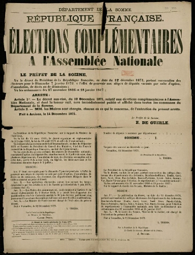 affiche 1870-1871 Département de la Somme : République française : Elections complémentaires à l'Assemblée Nationale.