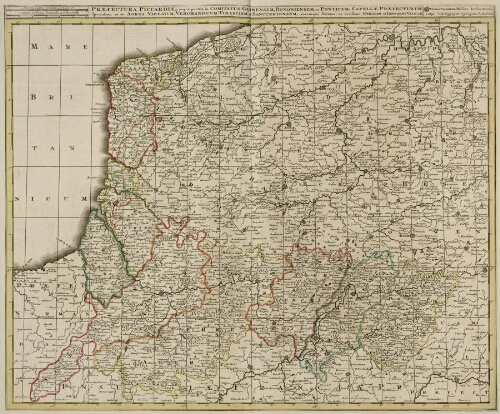 Carte de la Picardie (comtés de Guînes, de Boulogne, et de Ponthieu), XVIe siècle. Praefectura Piccardiae ; enque partita in Comitatus Guinensem, Bononiensem, ac Ponticum : Capellae, Prefecturum specialem : ut et Agros Vimesium, Veromanduum, Tirasciam et Sancteriensem : eorumque sinitima.