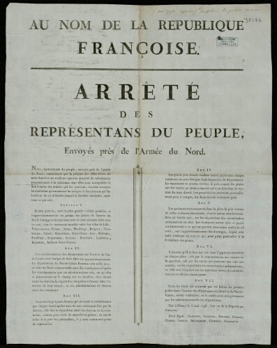 Affiche révolutionnaire. Au nom de la République Françoise. Arrêté des Représentants du Peuple, Envoyés près de l'Armée du Nord.