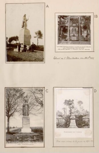 A) Corbie : statue de sainte Colette, réalisée en 1925 par le sculpteur Albert Roze. B) Les cloches électriques fondues et montées par Armand Blanchet pour l'Abbatiale Saint-Pierre de Corbie telles qu'elles figuraient à l'Exposition des Arts décoratifs. - Extrait de "L'Illustration" du 24 octobre 1927. C) Corbie : statue de Sainte-Colette. - Carte postale. D) Monument de Corbie élevé aux victimes de la Guerre de 1870-1871.