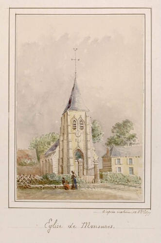 Eglise de Monsures. - Aquarelle d’Oswald Macqueron, d'après nature, 10 octobre 1877.