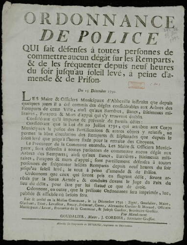 affiche révolutionnaire Ordonnance de Police qui fait défenses à toutes personnes de commettre aucun dégât sur les Remparts,et de les fréquenter de puis neuf heures du soir jusqu'au soleil levé,à peine d'amende et de Prison. Du 15 décembre 1792.