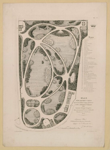 Plan du parc paysagiste et agricole dépendant du château d'Épagne appartenant à Mme J. Amable Cornet, situé commune d'Épagne-Épagnette, arrondissement et canton d'Abbeville, département de la Somme, 1857.