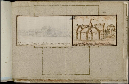 (1) Vue de la maison bâtie à Épagnette par M. Adrien Ricouart, passée depuis à M. Gabriel Michault son neveu de qui la tiennent en 1814 les enfants de M. le chevalier de Cossette petits-neveux dudit Michault à cause de leur mère. (2) Ancien chef-lieu du fief de Préville à Épagnette appartenant à Mlle Magdeleine Manessier d'Aumâtre, épouse de M. de Boubers dont les héritiers ont vendu à M. Adrien Ricouart qui l'a bâti dans l'état où on le voit aujourd'huy, 1811