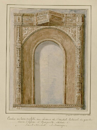 Cadre en bois sculpté au de ssus de l'autel latéral de gauche dans l'église d'Epagnette, dédiée à Saint Michel Archange. - Aquarelle d'Oswald Macqueron, d'après nature, 16 août 1885.