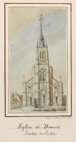 Église de Daours. Canton de Corbie. - Aquarelle d'Oswald Macqueron, d'après nature, 8 juin 1870.