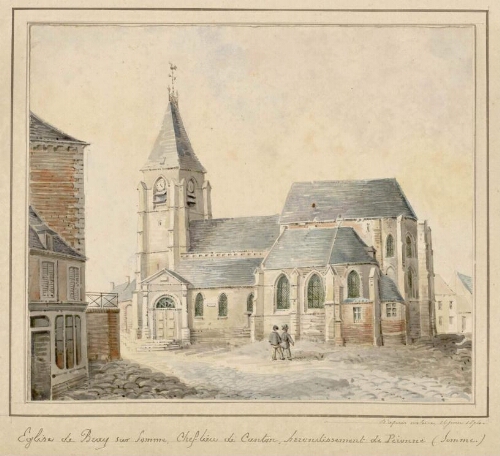 Église de Bray-sur-Somme, chef-lieu de canton, arrondissement de Péronne. - Aquarelle d'Oswald Macqueron, d'après nature, 16 juin 1874.