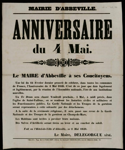 affiche 1800-1865 Mairie d'Abbeville : Anniversaire du 4 Mai