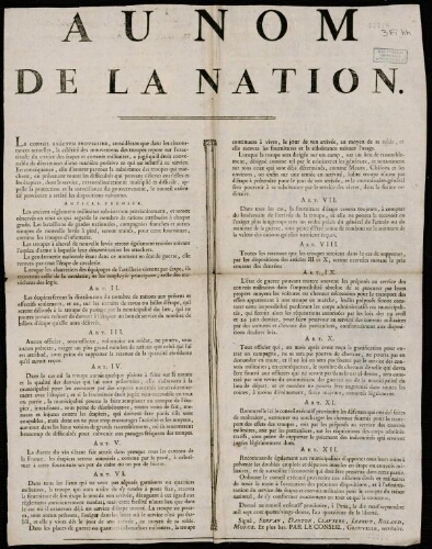 Affiche révolutionnaire. Au nom de la Nation. Dispositions du Conseil exécutif provisoire relatives au service des étapes et convois militaires, 19 septembre 1792.