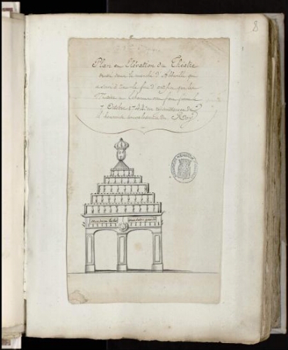 Plan en élévation du théâtre dressé dans lEMarché d’Abbeville qui a servi à tirer le feu d’artifice que lEMaire et les échevins ont fait faire le 7 octobre 1744 en réjouissance de l’heureuse convalescence du Roy