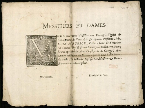 Faire-Part 1700-1799 : Enterrement de Jean Meurice, prêtre, curé de Fontaines-sur-Somme. 10 juillet 1751