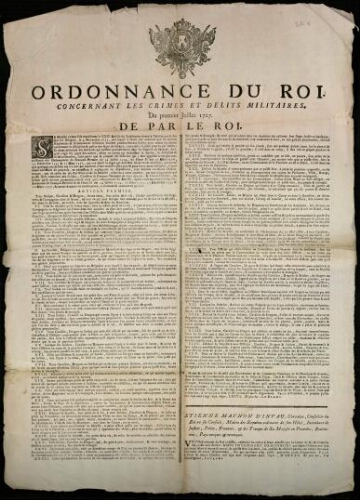 affiche Ancien Régime Ordonnance du Roi. Concernant les Crimes et Délits militaires. Du premier Juillet 1727. de par le Roi.