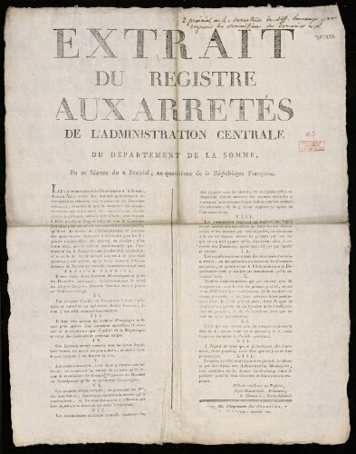 affiche révolutionnaire Extrait du Registre aux Arrêtés de l'Administration centrale du Département de la Somme, en sa séance du 2 Prairial, an quatrième de la République ….