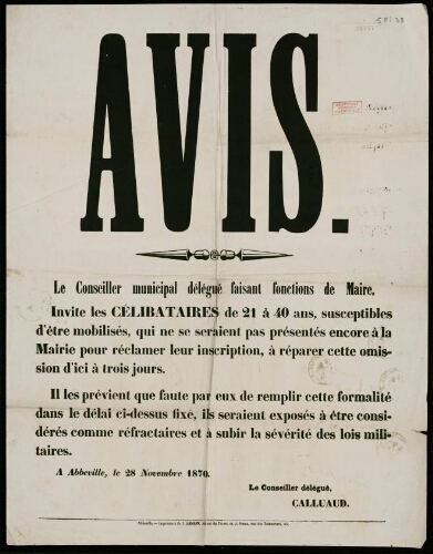 affiche 1870-1871 Avis Abbeville : recensement.