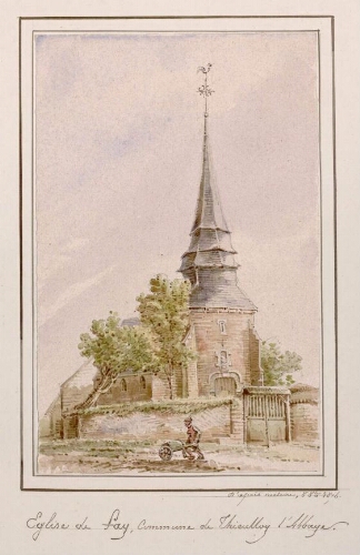 Église de Fay, commune de Thieulloy-l'Abbaye. - Aquarelle d'Oswald Macqueron, d'après nature, 8 oct. 1876. - Nota : Thieulloy-l'Abbaye est à l'origine composée de deux villages, appelés Fay-lès-Hornoy et Thieulloy-l'Abbaye. Du fait de la proximité, les deux villages se sont étendus l'un vers l'autre pour n'en plus former qu'un, et leur fusion administrative a eu lieu entre 1790 et 17943. À remarquer : Thieulloy-l'Abbaye possède deux cimetières, deux églises (dont l'une en ruine), deux puits…