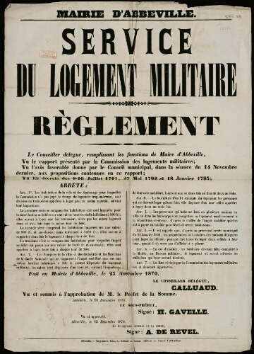 affiche 1870-1871 Mairie d’Abbeville : Service du logement militaire. Règlement