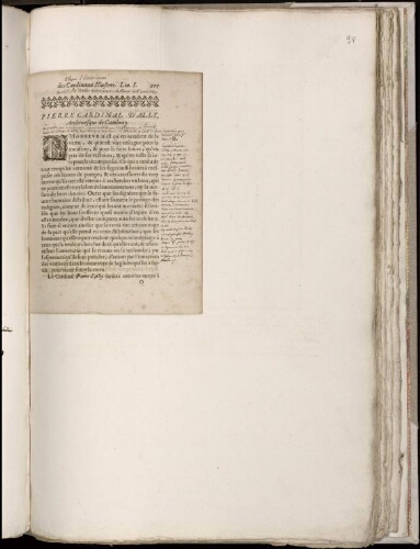 Première page d'un texte imprimé et annoté à l’encre de 4 folios Extrait de s "Éloges historiques de s Cardinaux illustres" Liv. I, p. 105 à 112. Le chapitre concerne Pierre cardinal d’Ailly, archevêque de Cambrai. Une note à l’encre dit ceci : "né en 1350, non à Compiègne (Oise) comme le dit Moreri et le dictionnaire de l’avocat, mais au village d’Ailly, haut clocher à trois lieues d’Abbeville"