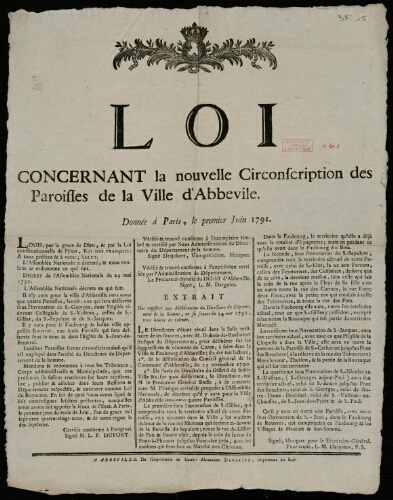 Affiche révolutionnaire Loi concernant la nouvelle circonscription des paroisses de la ville d'Abbeville, donnée à Paris le 1er juin 1791.