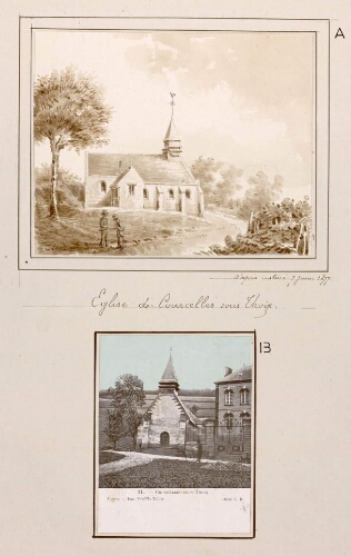 A) Eglise de Courcelles-sous-Thoix. - Aquarelle d’Oswald Macqueron, d'après nature, 7 juin 1877. B) Courcelles-sur-Thoix. - Carte postale n°31, Amiens, imp. Yvert et Tellier. Cliché C.B.