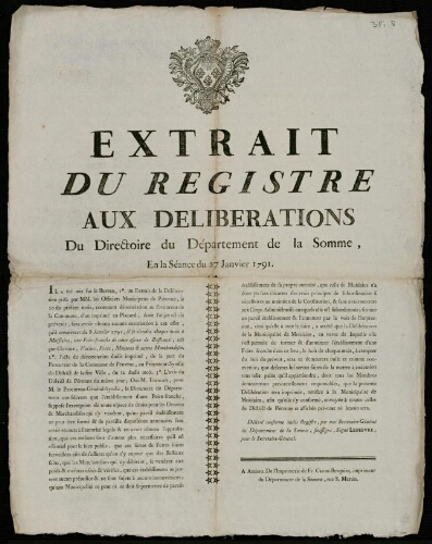 affiche révolutionnaire Extrait du registre aux délibérations du Directoire de la Somme.