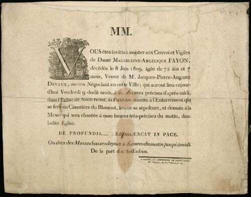 Faire-Part 1700-1799 : Enterrement de Magdeleine-Angélique Fayon, veuve de M. Jacques-Pierre-Auguste Devaux, ancien négociant à Abbeville. 9 juin 1809