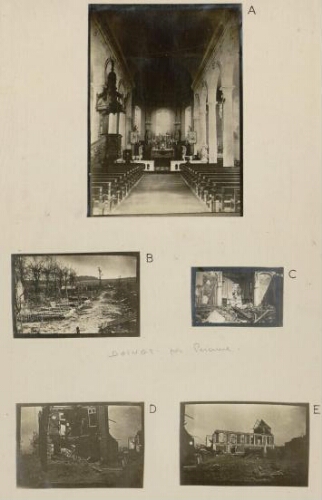 A) Intérieur de l'église de Doingt. - Photogr.. B)à E) Doingt : le cimetière, l'église et le village en ruines. - Photogr..