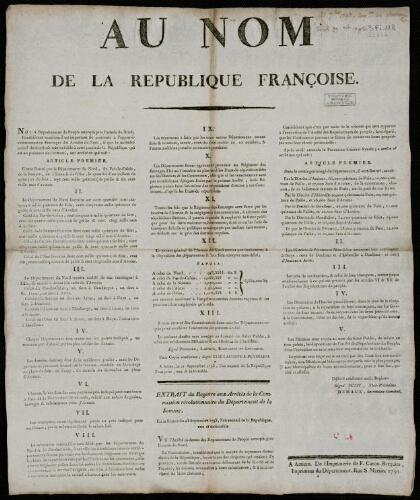 affiche révolutionnaire Au Nom de la République Française. Extrait du registre aux arrêtés de la Commission révolutionnaire du Département de la Somme.