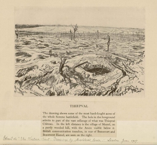 Thiepval : the drawing shows some of the most hard-fought acres of the whole Somme battlefield. - Extrait de "The Western Front", drawings by Muirhead Bone, London, june 1917.