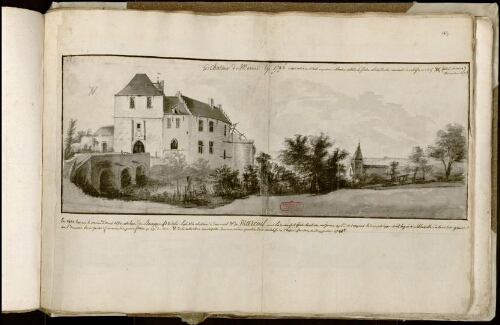 Le château de Mareuil en 1796. Il était entièrement bâti en pierres blanches, celles de la façade étaient couvertes du chiffre VA (Vivat Antonius). L'église de Mareuil est également visible