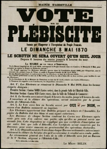 affiche 1870-1871 Vote sur le Plébiscite Soumis par l'Empereur à l'Acceptation du Peuple Français