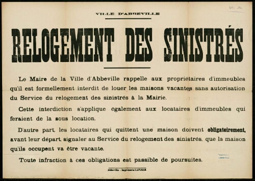 Affiche 1939-1945 : Ville d'Abbeville : relogement des sinistrés