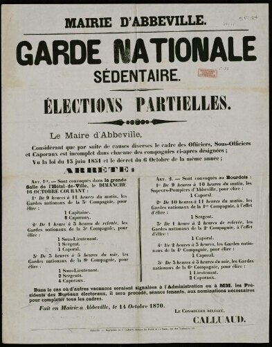 affiche 1870-1871 Mairie d’Abbeville : Garde nationale séde ntaire. Elections partielles.