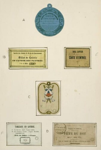 A) Société de s Courses d'Amiens : courses de 1854. Carte de Membre délivrée à M. Delahaye Ernest. - Amiens, Lith. de D. Lebel et L. Boileau. B) Société de s Enfants de Marie de Louvencourt : Billet de loterie en faveur des pauvres. C) Sport Nautique d'Amiens : Année 1873 : Carte de Membre. - Lith. J. Loncourt, Amiens. D) Ville d'Amiens : Fête du Roi au 1er mai 1831 : Bal au profit des pauvres à L'Hôtel-de -Ville. E) Bal Loyer : carte d'entrée. F) Tableaux en Loterie. Billet de loterie.