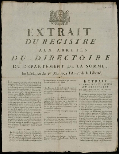 affiche révolutionnaire Extrait du registre aux arrêtés du Directoire du département de la Somme, en sa séance du 26 mai 1792, l’An 4e de la Liberté.