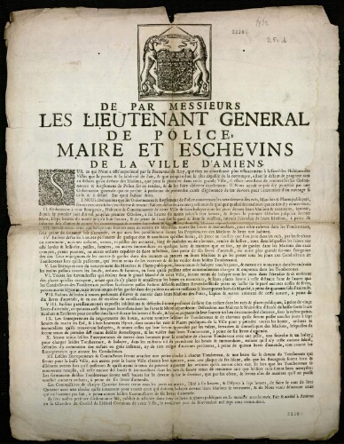 affiche Ancien Régime de par Messieurs les Lieutenant Général de Police, Maire et Eschevins de la Ville d'Amiens.