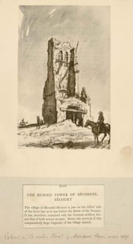 The ruined tower of Bécordel-Bécourt. - Extrait de "The western front" by Muirhead Bone, mars 1917.